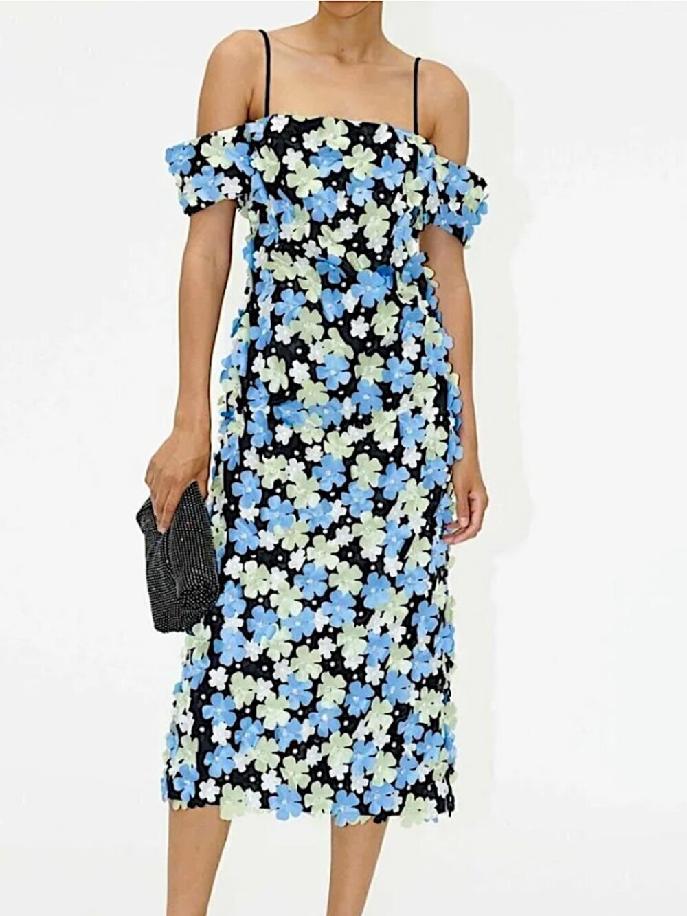 STINE GOYA Beilula Off Shoulder 3D Flower Midi Dress Crystal Garden Blue Denmark